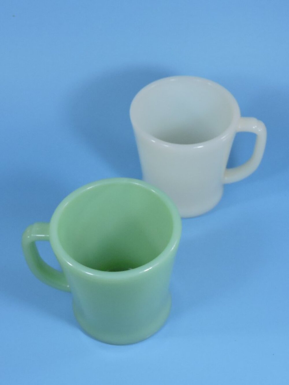 2 Vintage Fire King D Handle Coffee Cups - Jadeite & Milk Glass